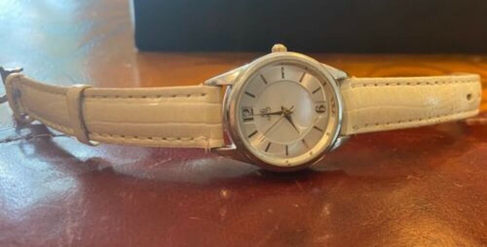 Women's 30mm Silver Tone JS Watch, MOP Face, White Band